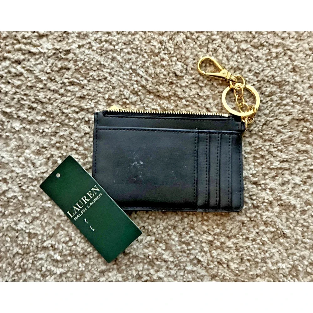 Lauren Ralph Lauren Full-Grain Leather Zip Card Case Keychain BROKEN Zipper
